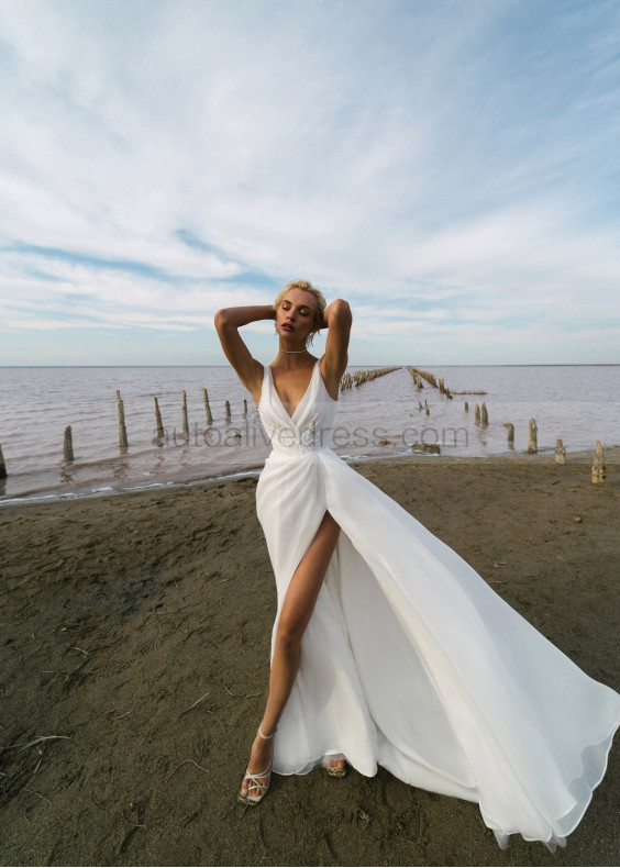 V Neck White Organza Slit Sexy Beach Wedding Dress